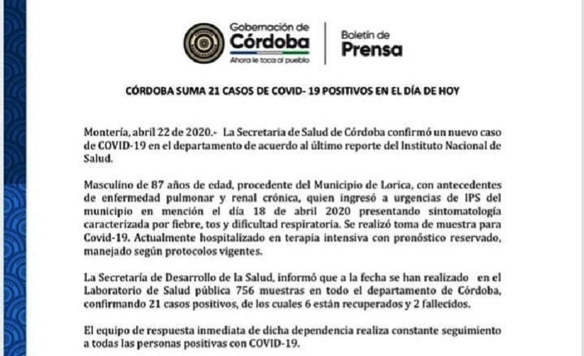 En terapia intensiva y pronóstico reservado el nuevo positivo de coronavirus en Lorica, Córdoba