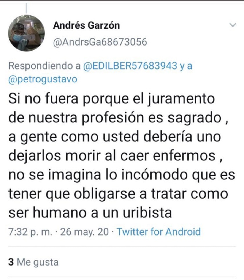 El médico colombiano que expresó dejaría "morir a uribistas"