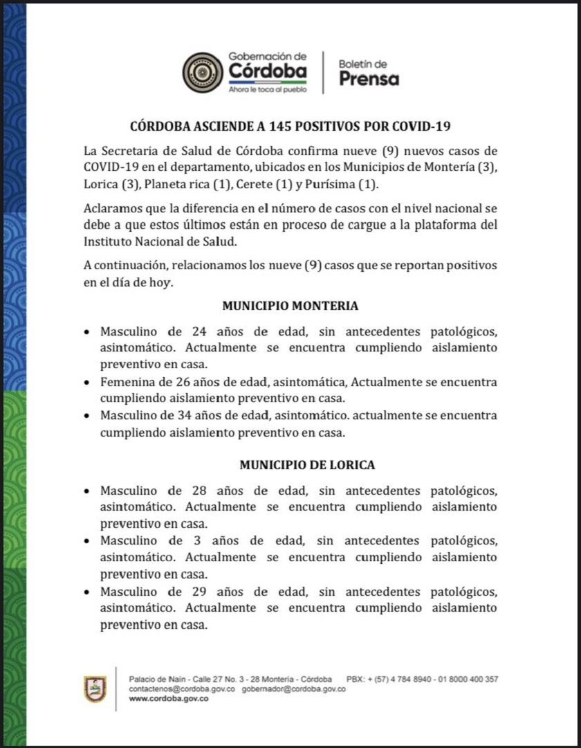 Departamento de Córdoba reporte lunes 1 junio