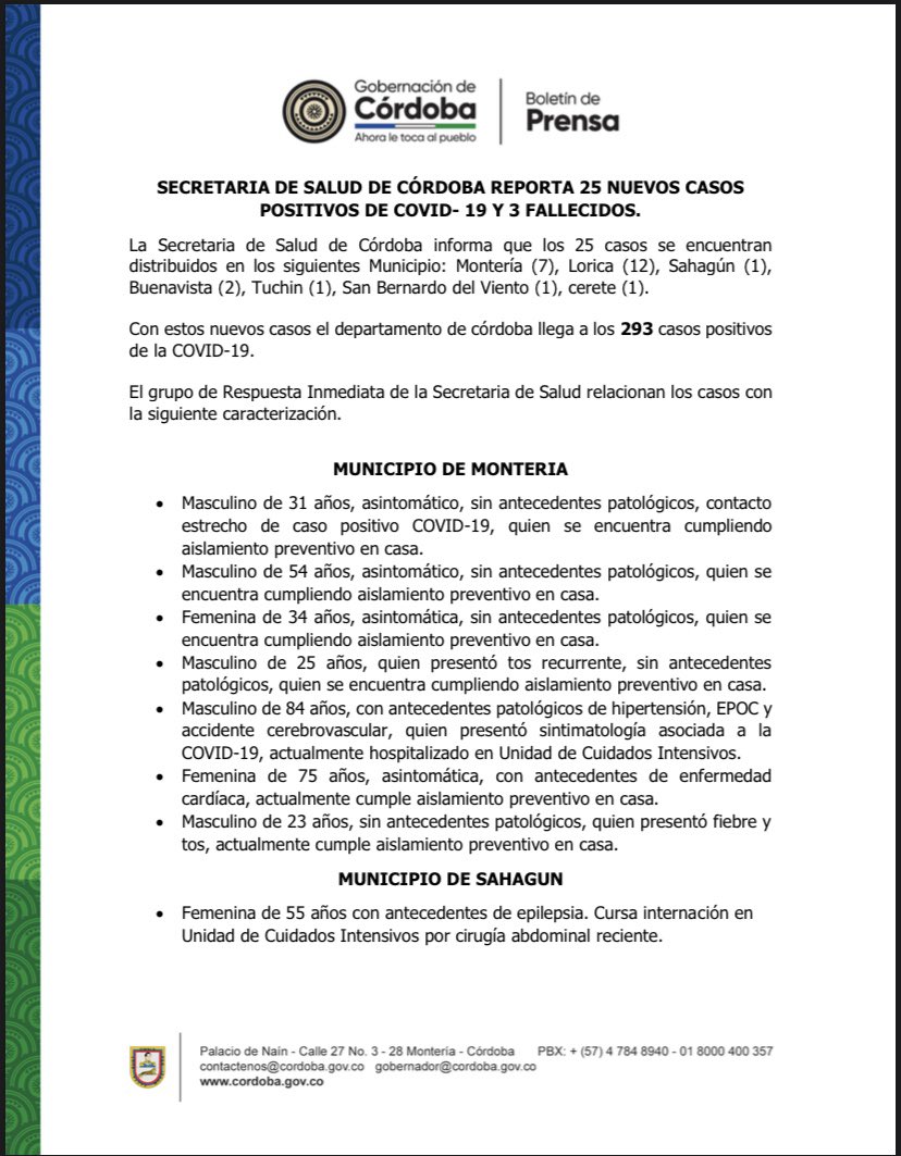 Todo lo que debe saber sobre los 25 casos positivos de coronavirus en el departamento de Córdoba