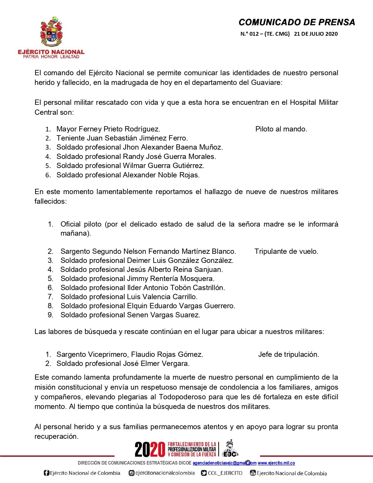 Murieron 9 de los 11 militares desaparecidos en el accidente del helicóptero del Ejército