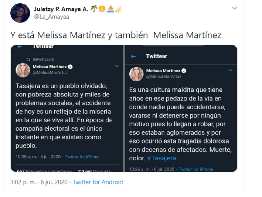 El trino de Melissa Martínez sobre la Tasajera que le están cobrando