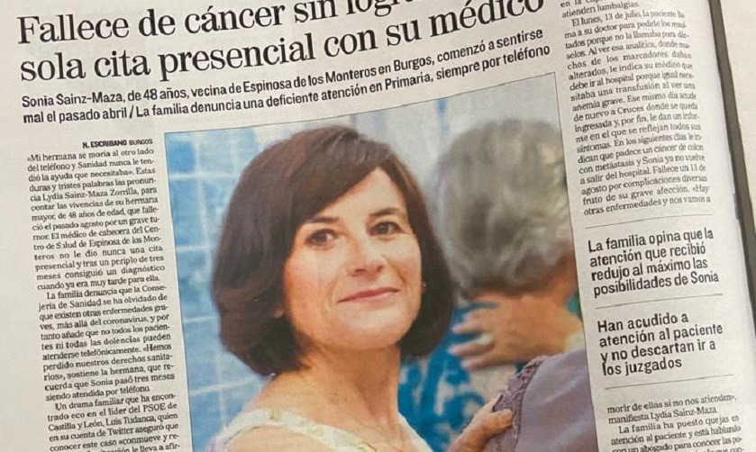 Sonia Sainz-Maza, tres meses padeciendo cáncer y ni una sola consulta médica presencial