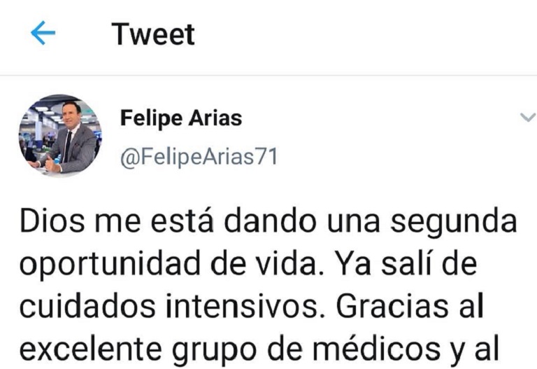 Felipe Arias sale de cuidados intensivos tras pre- infarto que sufrió hace días