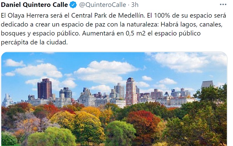 El Central Park de Medellín, anuncio del alcalde que remueve las redes