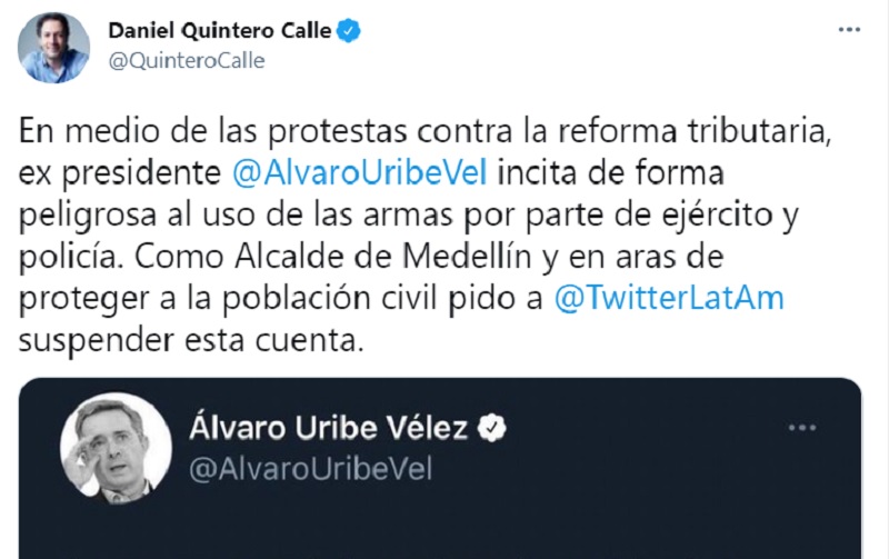 Daniel Quintero. Alcalde de Medellín pide suspender el Twitter de Uribe
