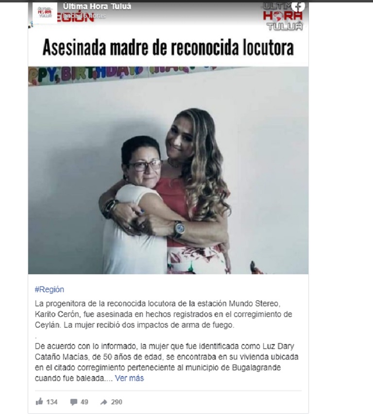 Asesinan a Luz Dary Castaño, madre de la periodista colombiana Karito Cerón