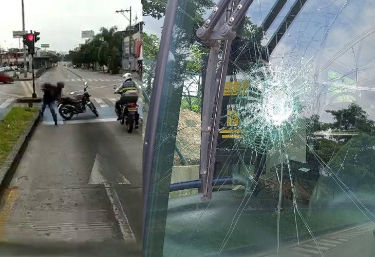 Bus del MIO atacado por motociclista que lanza una piedra