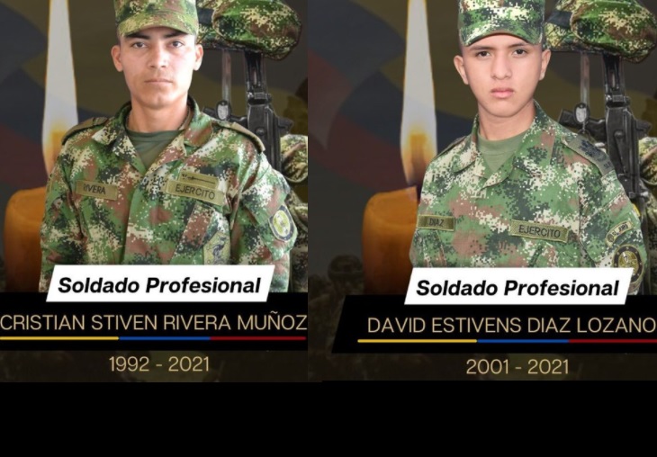 Los soldados David Estivens Díaz Lozano y Cristian Stiven Rivera Muñoz de 29 años murieron en Hacarí,
