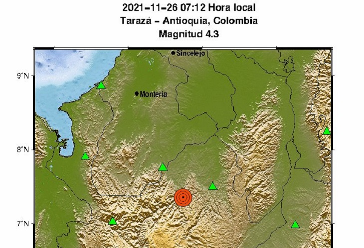 Sismo de 4.3 en Colombia tuvo epicentro en Tarazá, Antioquia