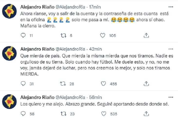 Alejandro Riaño se desahoga en Twitter y reconoce que JuanPis es "una mierda"