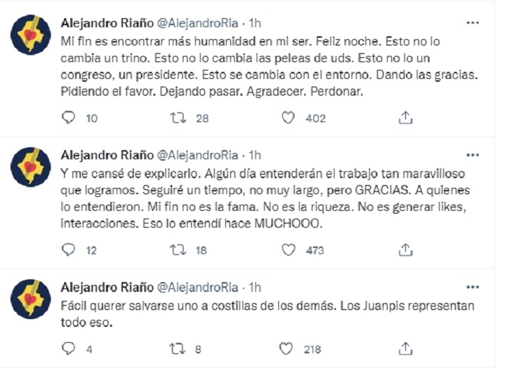 Alejandro Riaño se desahoga en Twitter y reconoce que JuanPis es "una mierda"