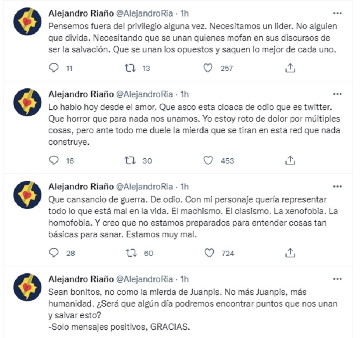 Alejandro Riaño se desahoga en Twitter y reconoce que JuanPis es "una mierda"