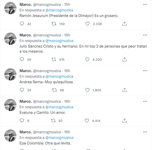 Un joven mesero bogotano delata a los famosos más groseros que atendió