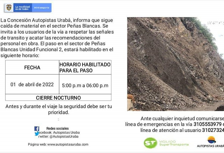 Sector Peñas Blancas entre Uramita-Dabeiba, cerrado por caída de material