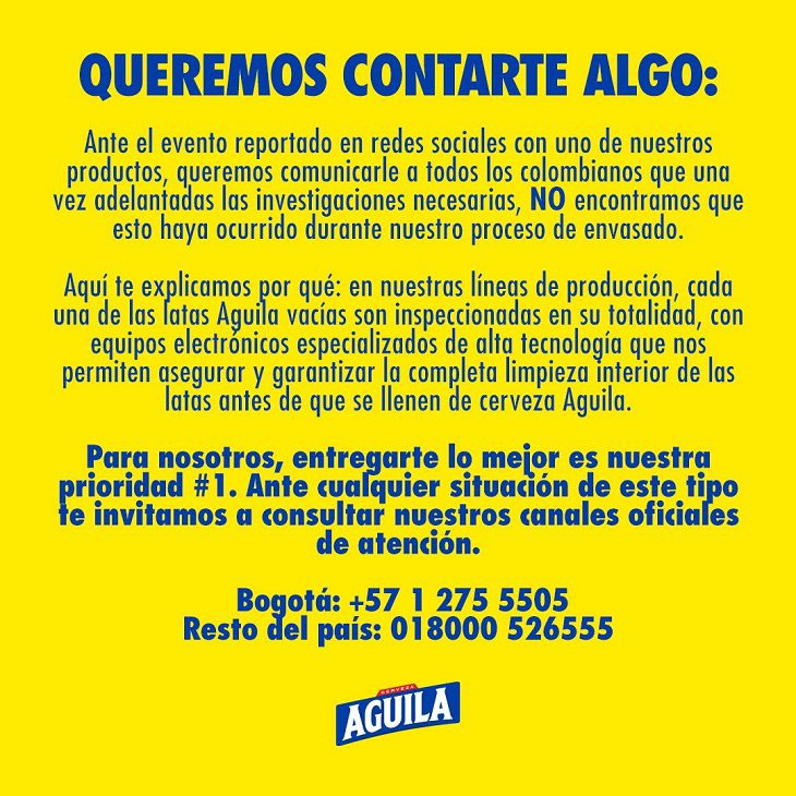 Cerveza Águila niega que un ratón fue hallado en una de sus latas