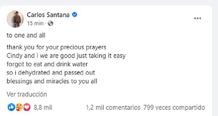 Carlos Santana revela que está bien y que se desmayó por deshidratación