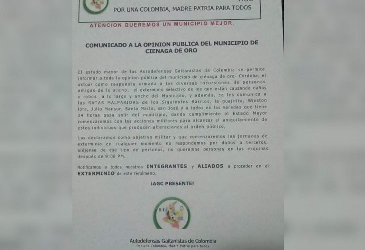 Con panfleto amenazan de muerte a varios ciudadanos de Ciénaga de Oro