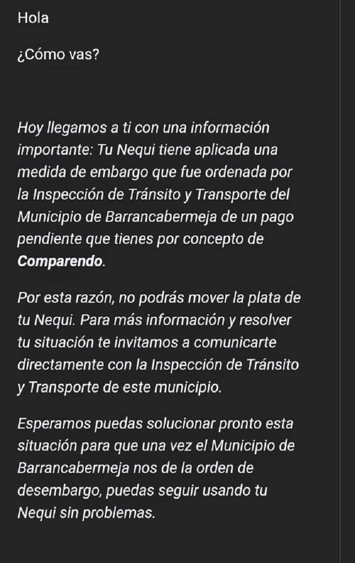 Nequi- app caída y embargos por comparendos 