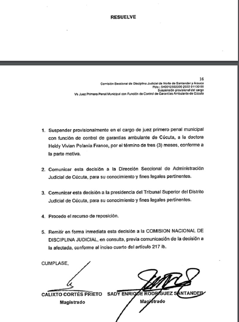 Comisión Seccional de Disciplina Judicial suspende por 3 meses a la jueza cucuteña Vivian Polanía.