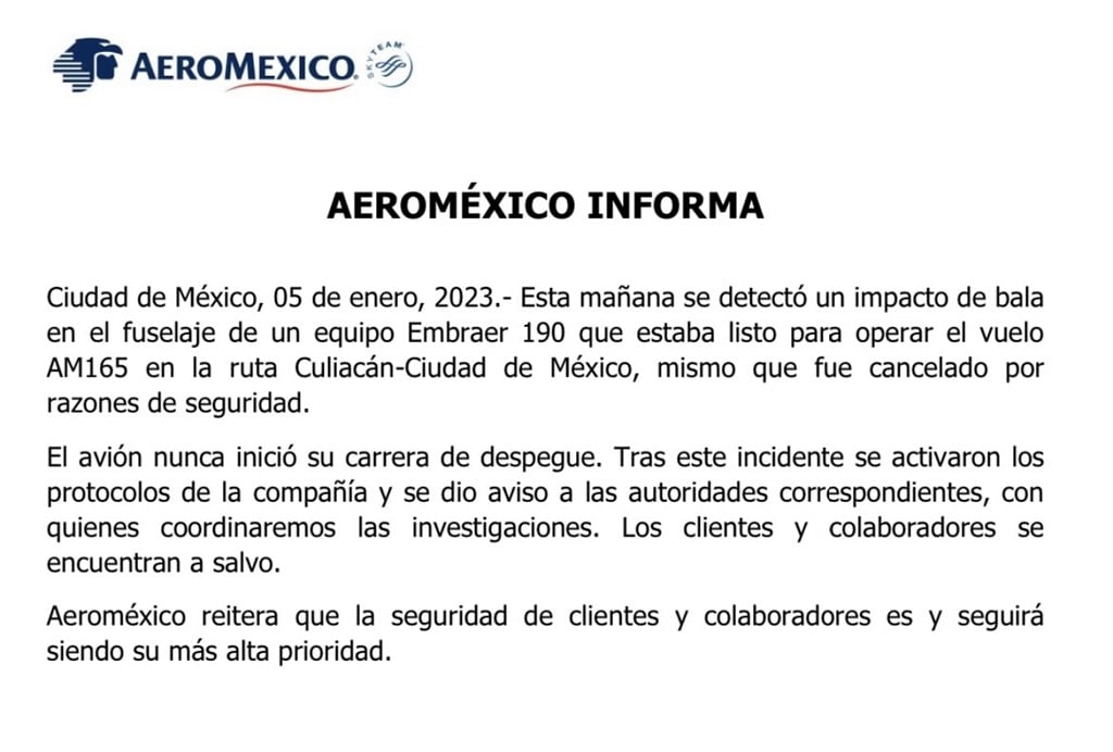 Culiacán- Aeroméxico- avión impactado con bala