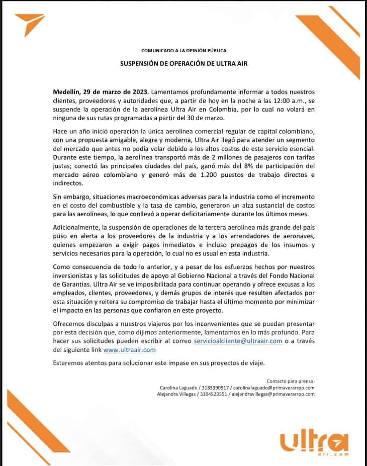 Ultra Air anuncia el cierre de sus operaciones en Colombia 