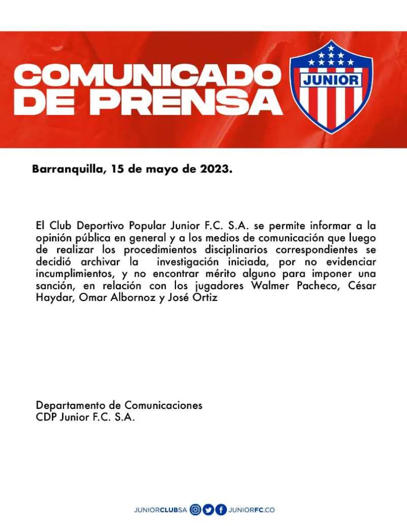 Indisciplina en el Junior: el club archiva la investigación y no sanciona a los jugadores
