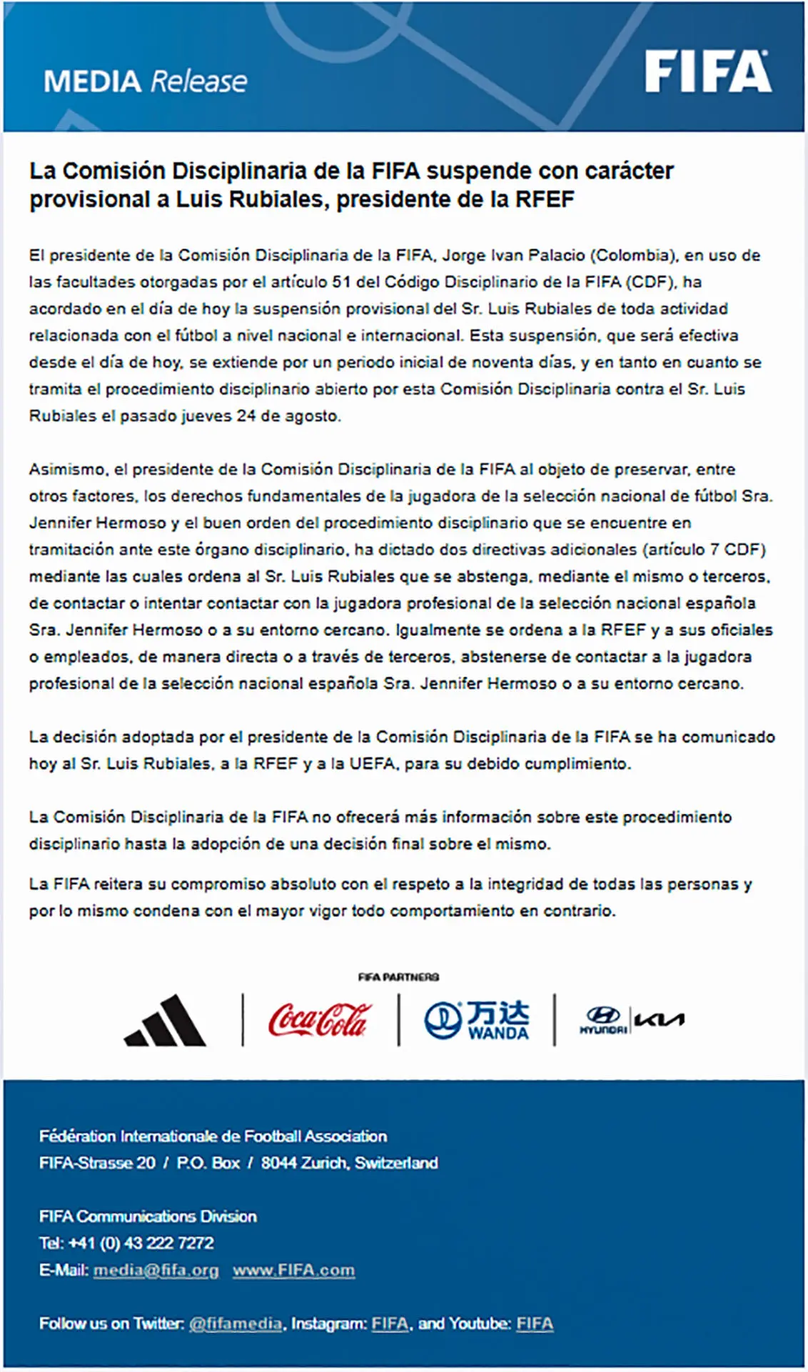 La Comisión Disciplinaria de FIFA suspende con carácter provisional a Rubiales