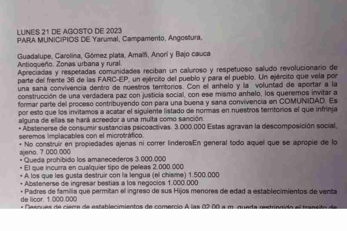 Disidencias de las Farc amenazan a 14 municipios de Antioquia con tabla de ‘normas y multas’