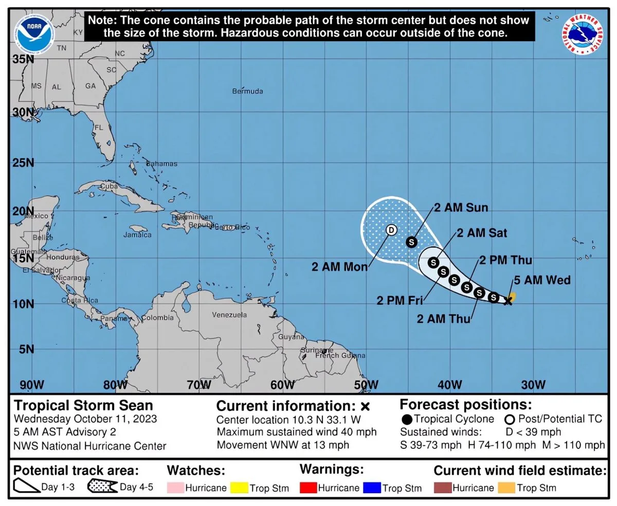 La tormenta tropical Sean se mantiene en aguas abiertas del Atlántico