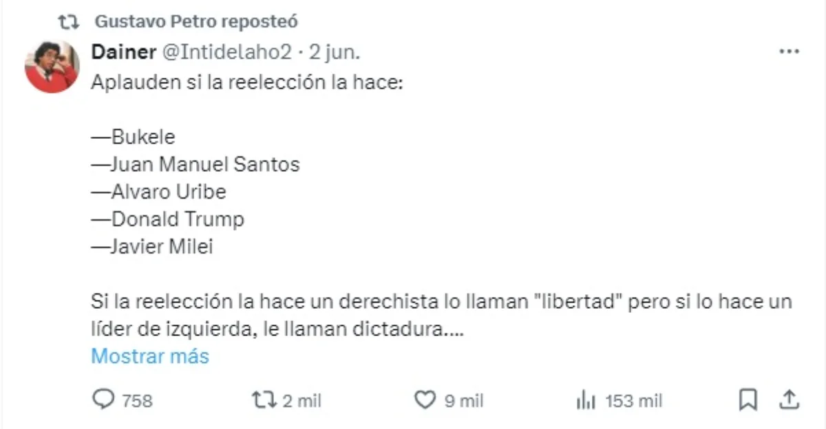 Petro genera polémica por dar retweet a un mensaje sobre reelección