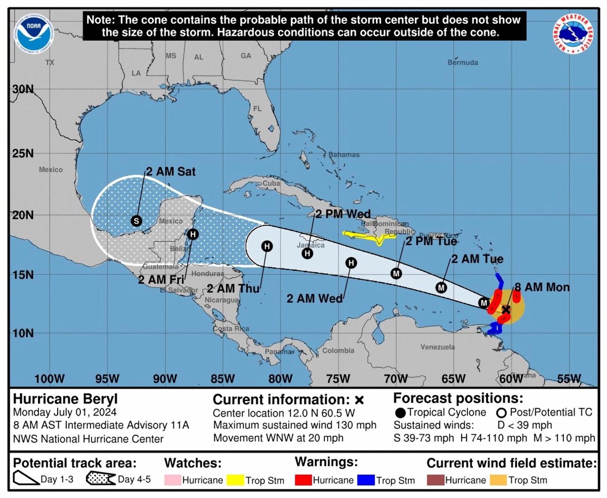 El extremadamente peligroso Beryl llega a las Islas de Barlovento