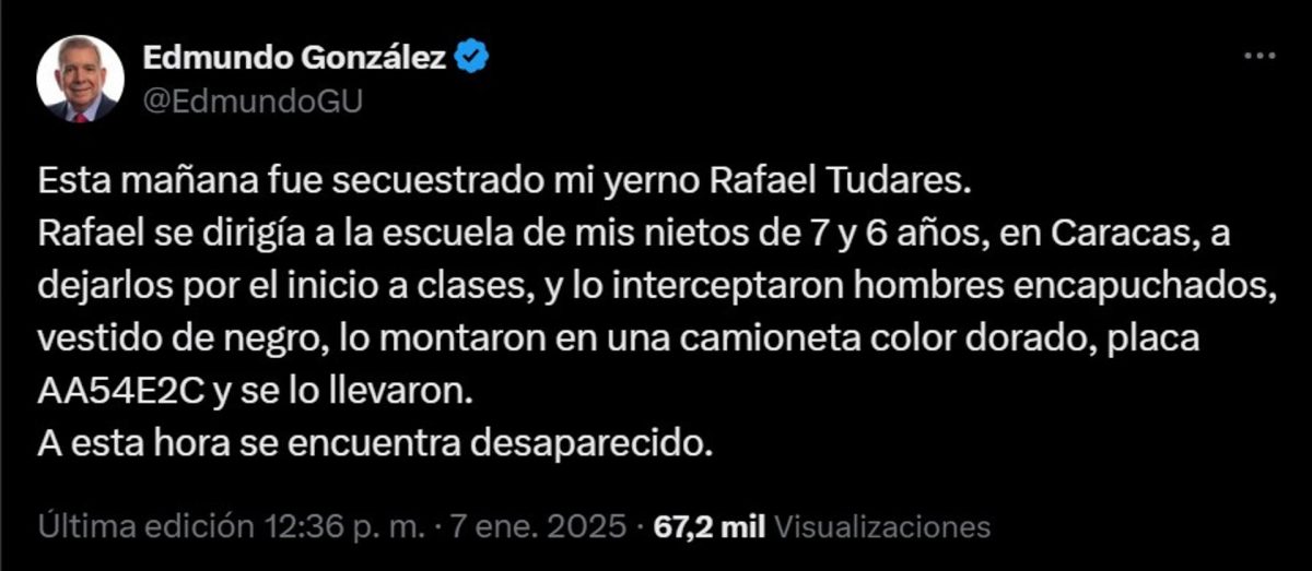 La hija de González Urrutia defiende la inocencia de su esposo, secuestrado en Caracas